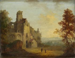 Johan Philip Korn - Lanskap med figurer vid byggnader