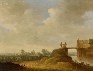 Johan Pietersz. Schoeff - Extensive landscape with figures on a bridge