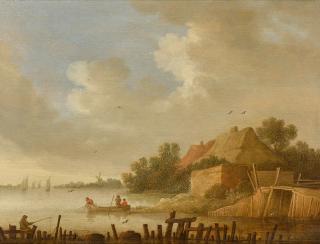 Johan Pietersz. Schoeff - River landscape with fishermen in a boat beside a wooden bridge