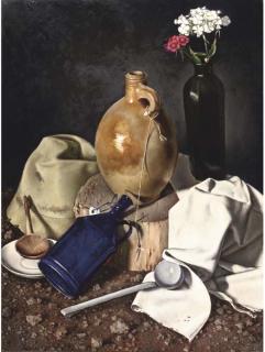 Johan Ponsioen - A still life with a jug, sweet william in a vase and a hat