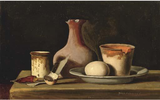 Johan Ponsioen - A still life with an egg on a plate, pots and a chili pepper on a table