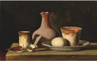Johan Ponsioen - A still life with an egg on a plate, pots and a chili pepper on a table