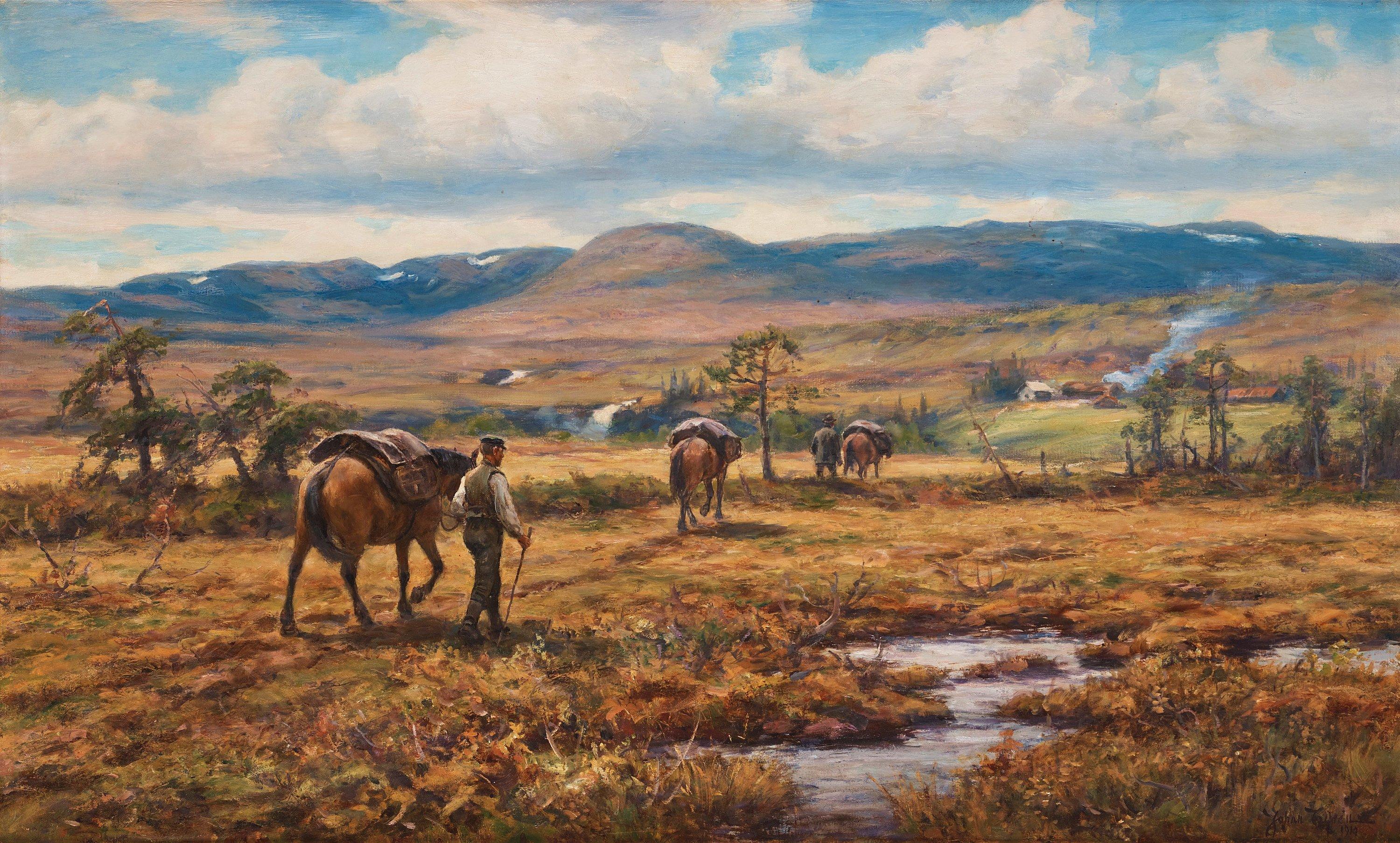 Johan Tirén - Mountain landscape with horses and farm