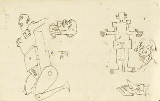 Johan Tobias Sergel - Caricatures of mechanical human bodies and heads (recto); A man seated at a table on the back of an elephant and another caricature (verso)