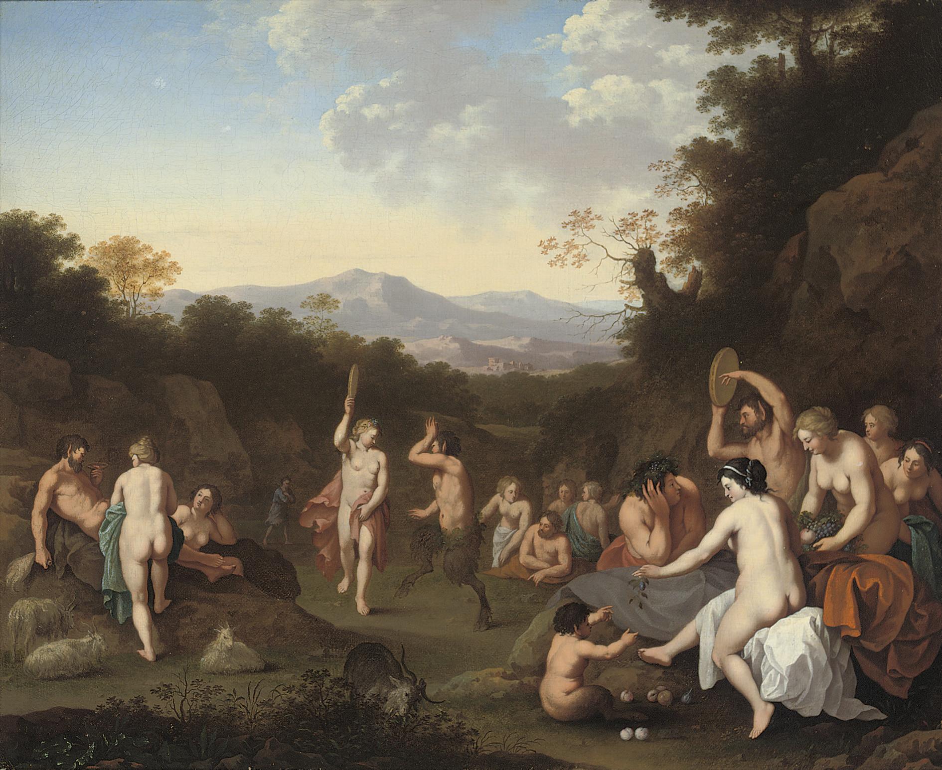 Johan van Haensbergen - A bacchanal with nymphs and satyrs dancing and making music in a wooded landscape