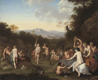 Johan van Haensbergen - A bacchanal with nymphs and satyrs dancing and making music in a wooded landscape