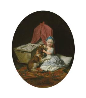 Johan Zoffany, R.A. - Portrait of Hester Maria Thrale, \'Queeney\' (1764-1857), as a child, full-length, in a blue checked dress and white apron, and a blue pudding hat, seated on a turkey rug, with a pet spaniel, Belle, by a cradle