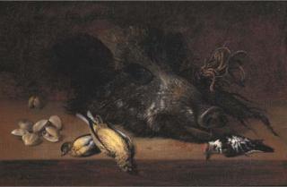 Johann Adalbert Angermayer - A hunting still life with a boar\'s head, a fly, clams, a jay and other birds on a ledge