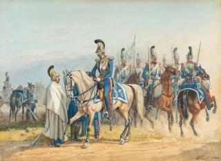 Johann Adam Klein - Offizier des Königlich Bayerischen 2. Schwere-Reiter-Regiments begrüßt einen abgesessenen Kürassier