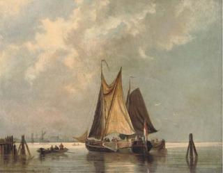 Johann Adolph Rust - Dutch barges in light airs; and A derelict anchored off the beach after the storm