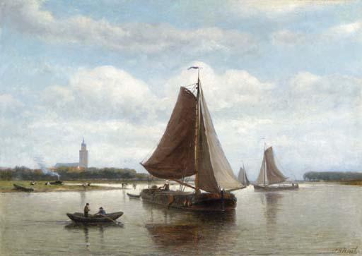 Johann Adolph Rust - Ships at low tide with a village beyond