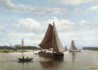 Johann Adolph Rust - Ships at low tide with a village beyond