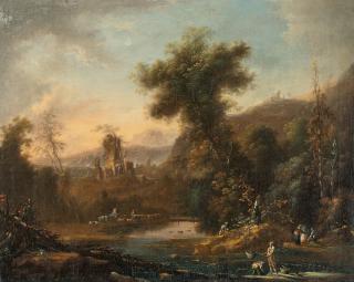Johann Alexander Thiele - Felsige Flusslandschaft mit Fischern und einer Schafsherde