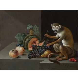 Johann Amandus Winck - A Monkey Perched On A Stone Ledge With Grapes, A Melon, Cherries, A Pear And Other Fruit