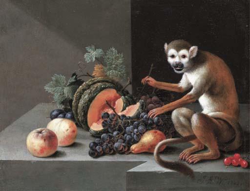 Johann Amandus Winck - A monkey with grapes, peaches, a melon and other fruit on a stone ledge