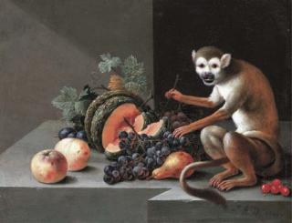Johann Amandus Winck - A monkey with grapes, peaches, a melon and other fruit on a stone ledge