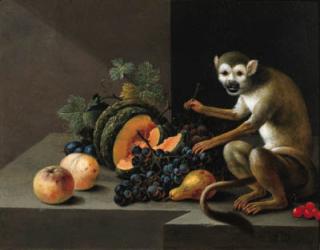 Johann Amandus Winck - A monkey with grapes, peaches, a melon and other fruit on a stone ledge