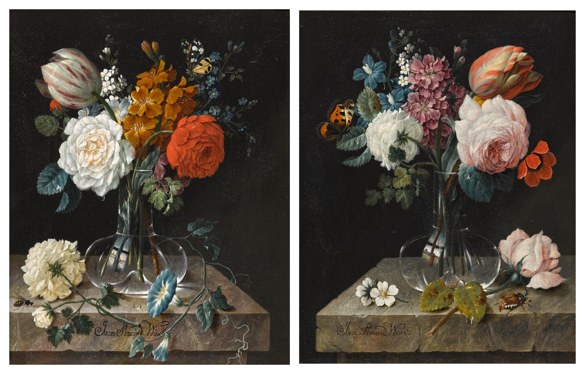 Johann Amandus Winck - A Pair Of Still Lifes Of Flowers In Glass Vases On Stone Tables
