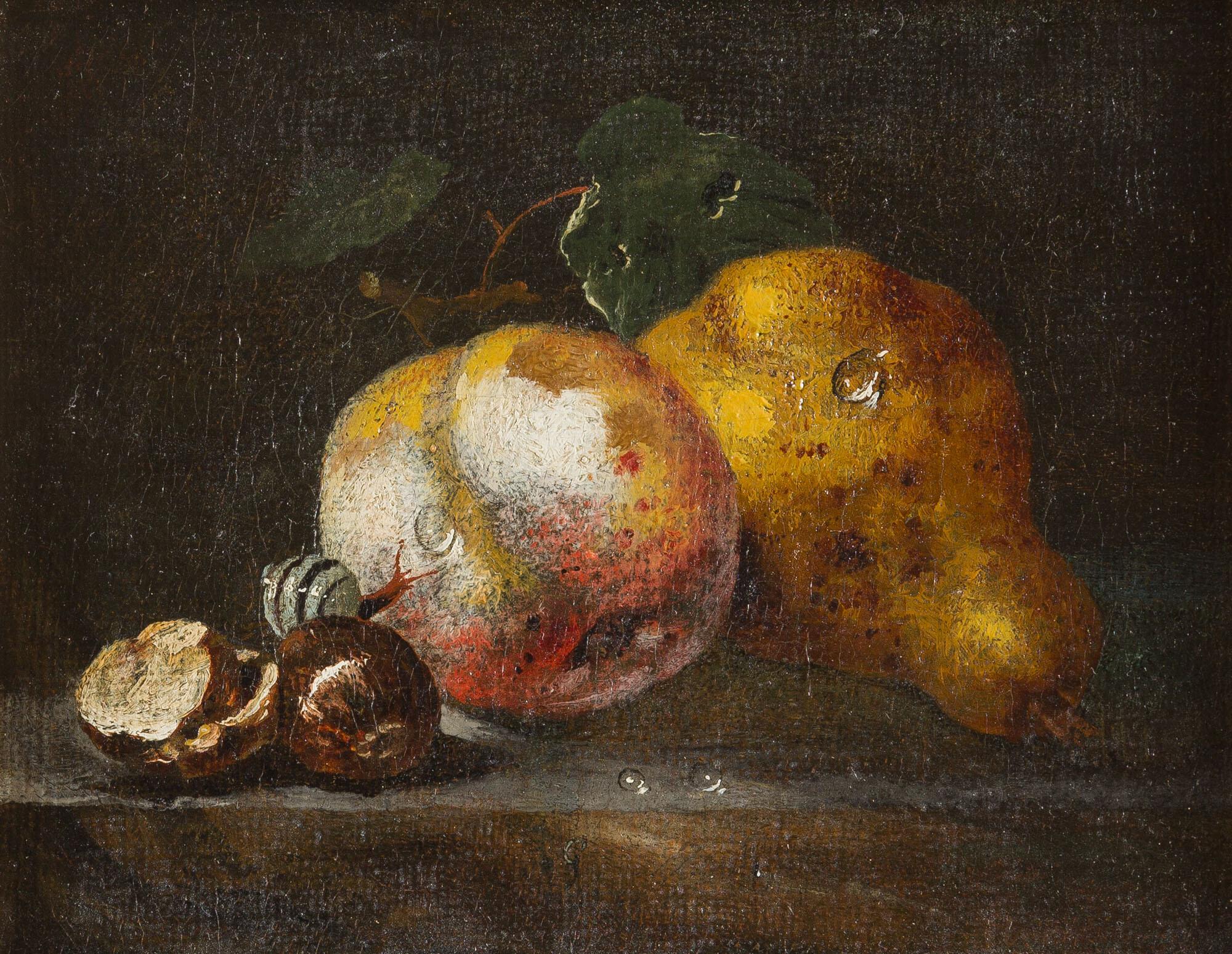 Johann Amandus Winck - Früchtestillleben mit Apfel, Birne, Nüssen und einer Schnecke.
