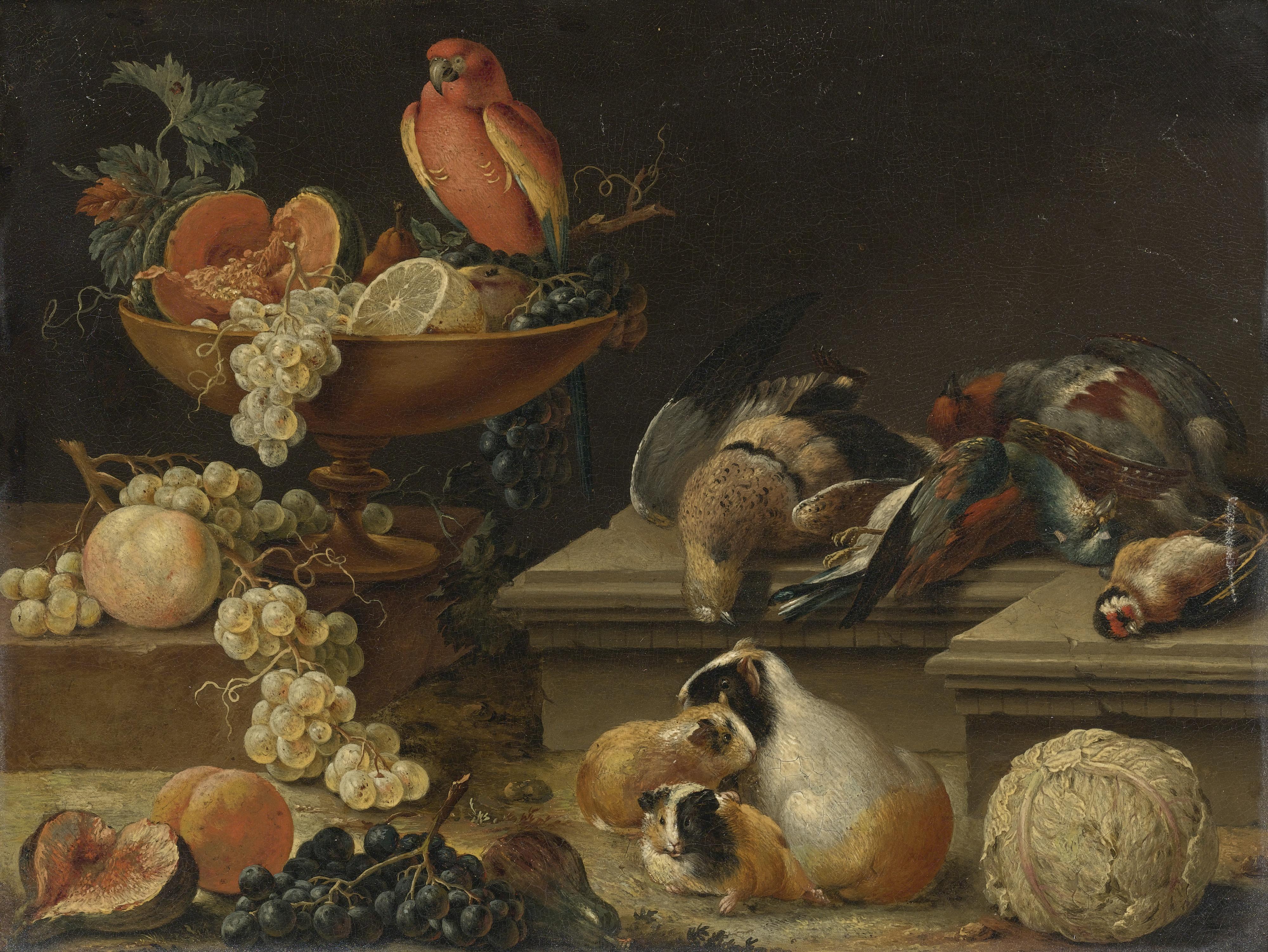 Johann Amandus Winck - Still Life With A Parrot, Game Fowl, Guinea Pigs And Fruit