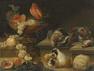 Johann Amandus Winck - Still Life With A Parrot, Game Fowl, Guinea Pigs And Fruit
