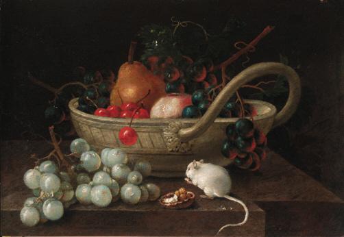 Johann Amandus Wink - Grapes, pears and other fruit in a bowl, with a mouse eating a hazlenut on a ledge: and A bowl of fruit with a mouse eating a walnut on a ledge