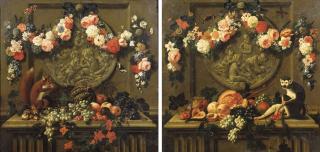 Johann Amandus Wink - Trompe l\'oeils: Garlands of flowers hanging from ribbons on nails over feigned sculpted cartouches, above ledges with fruit, a squirrel and a monkey