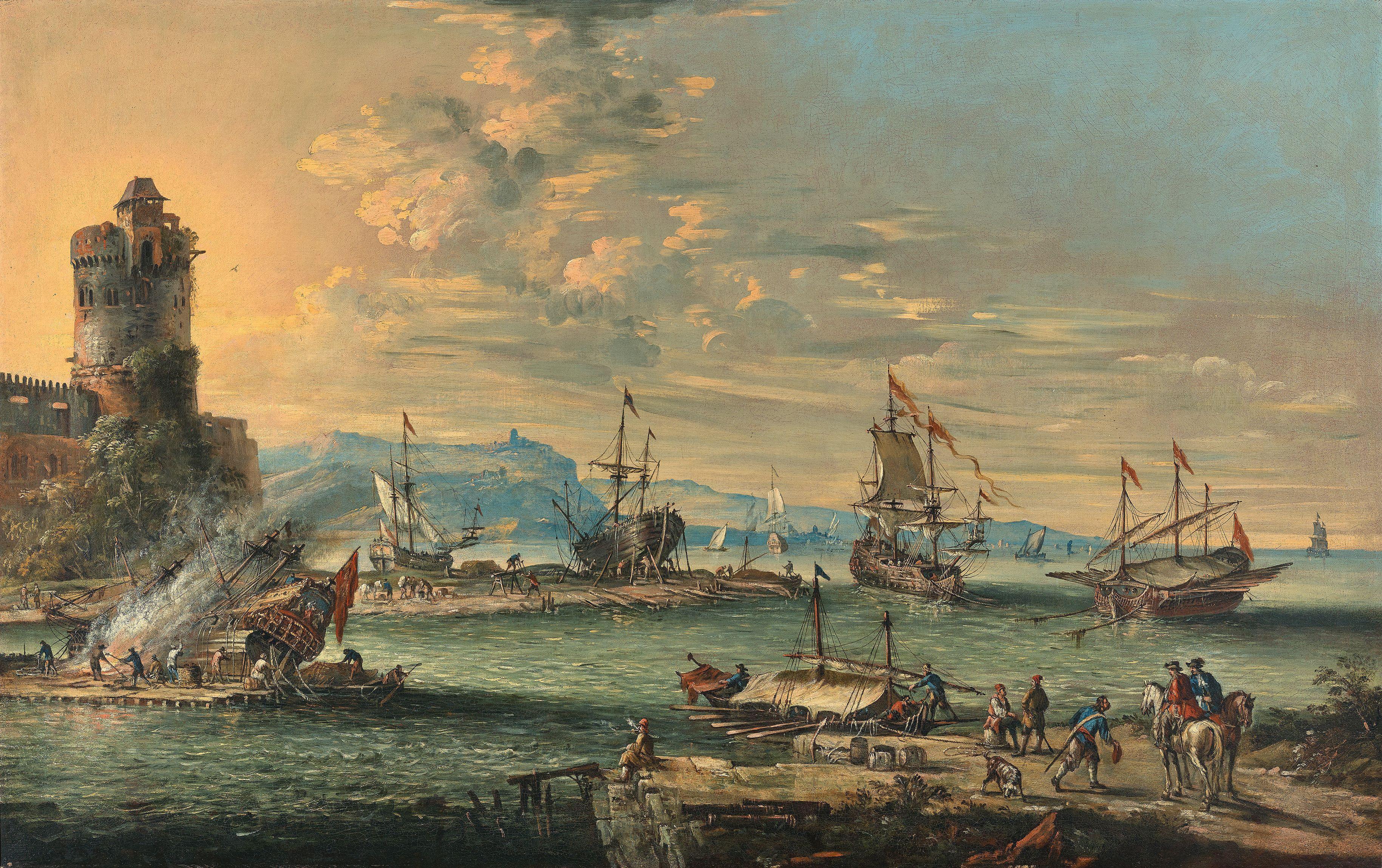 Johann Anton Eismann - A harbour with figures on the quayside in the foreground and ships at anchor in the bay beyond