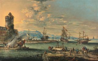 Johann Anton Eismann - A harbour with figures on the quayside in the foreground and ships at anchor in the bay beyond