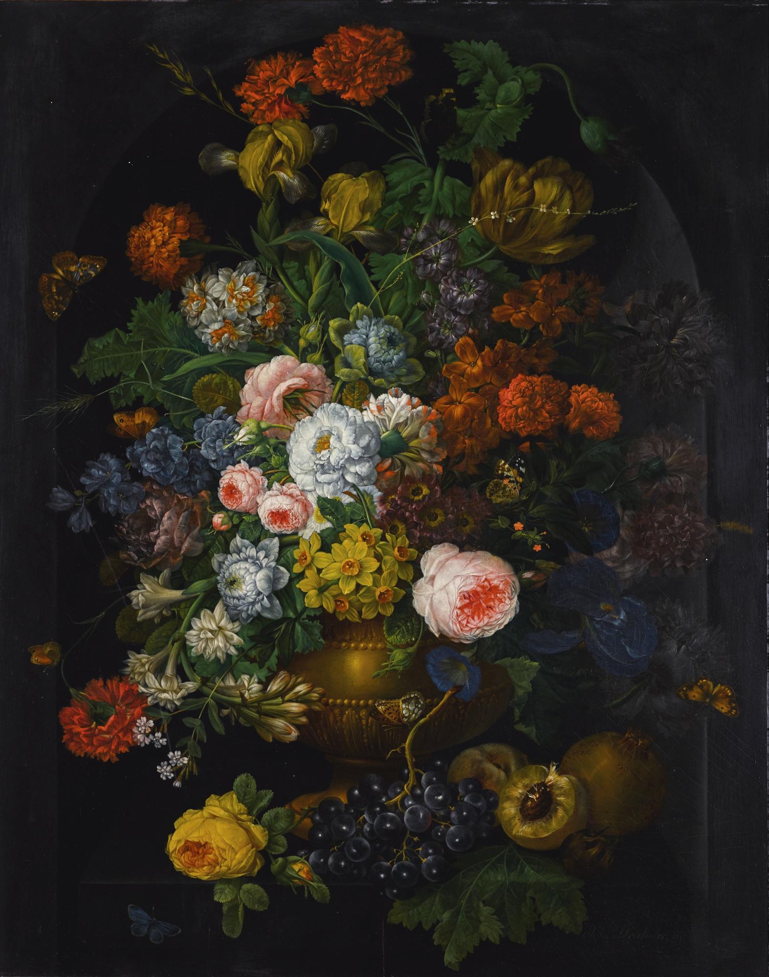 Johann Baptist Drechsler - A Still Life Of Flowers In A Vase With Butterflies 