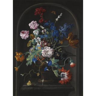Johann Baptist Drechsler - A Still Life Of Roses, Tulips, Anemones, Bluebells And Other Flowers In A Vase, In A Stone Niche