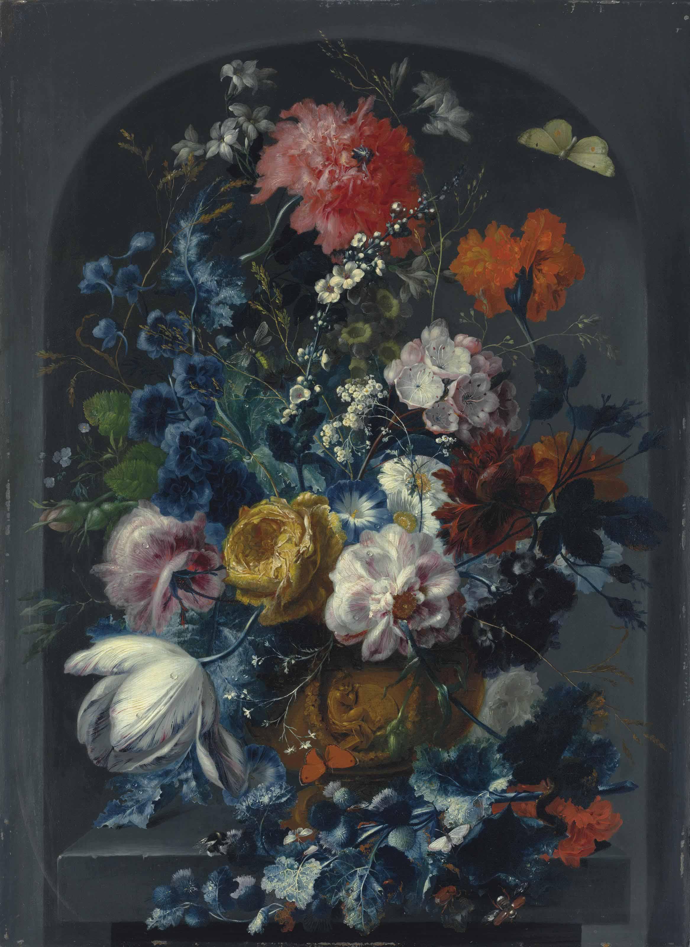 Johann Baptist Drechsler - Carnations, roses, jasmine, a tulip and other flowers in a sculpted bronze urn, with butterflies, dragonflies, a caterpillar, a beetle and a bee, on a ledge in a niche