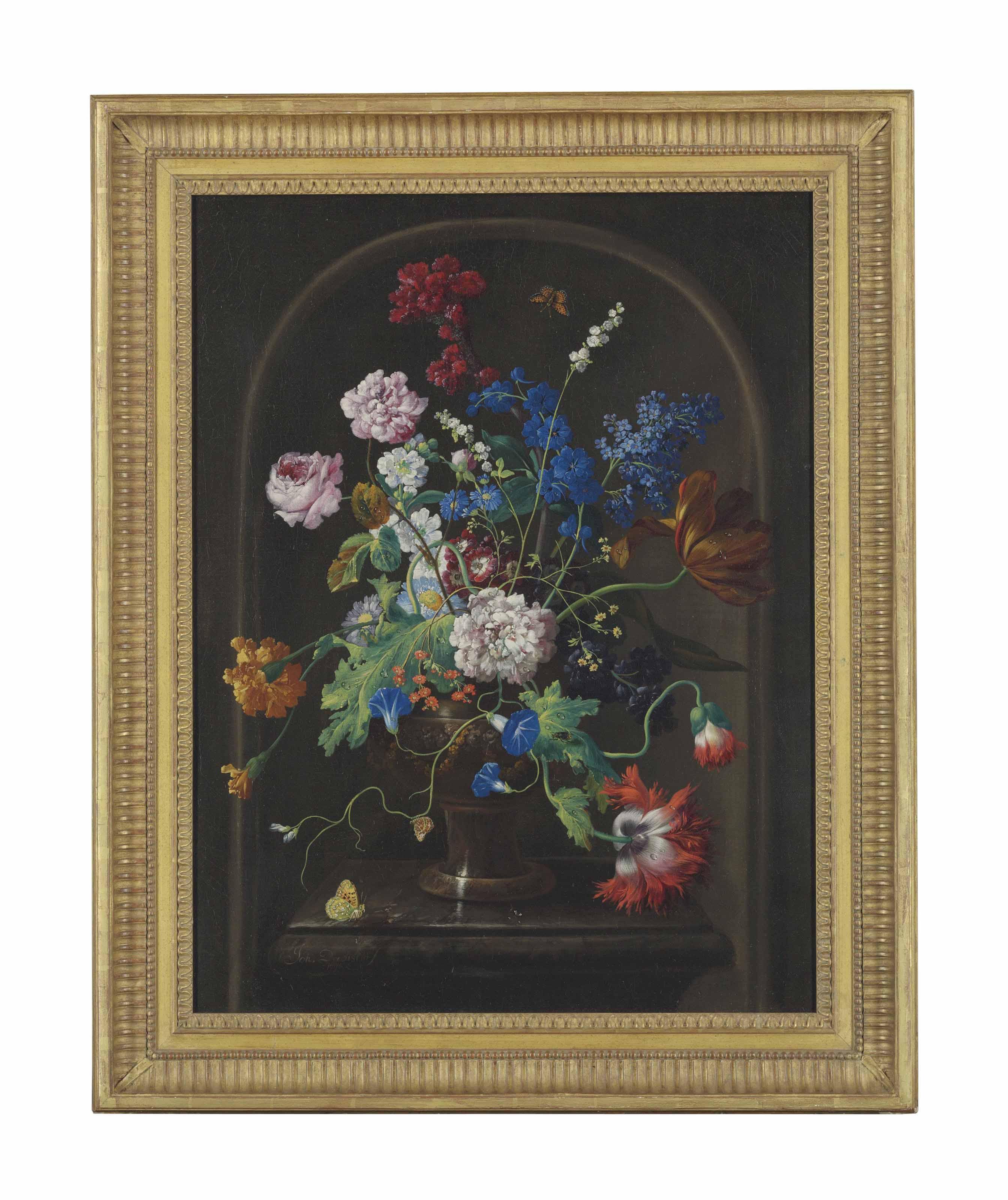 Johann Baptist Drechsler - Roses, A Parrot Tulip, Carnations, Morning Glory And Other Flowers In A Sculpted Urn, With Butterflies On A Marble Ledge, In A Niche