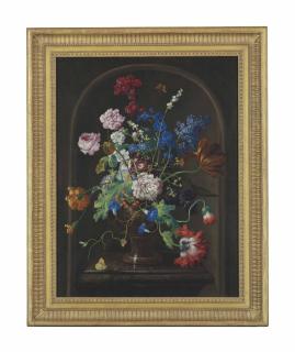Johann Baptist Drechsler - Roses, A Parrot Tulip, Carnations, Morning Glory And Other Flowers In A Sculpted Urn, With Butterflies On A Marble Ledge, In A Niche