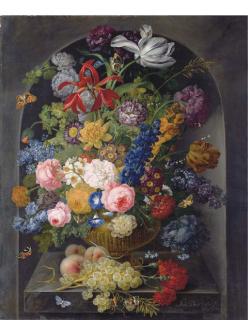 Johann Baptist Drechsler - Roses, carnations, tulips and other flowers in a gold sculpted urn with peaches and grapes on a stone ledge with butterflies, in a niche