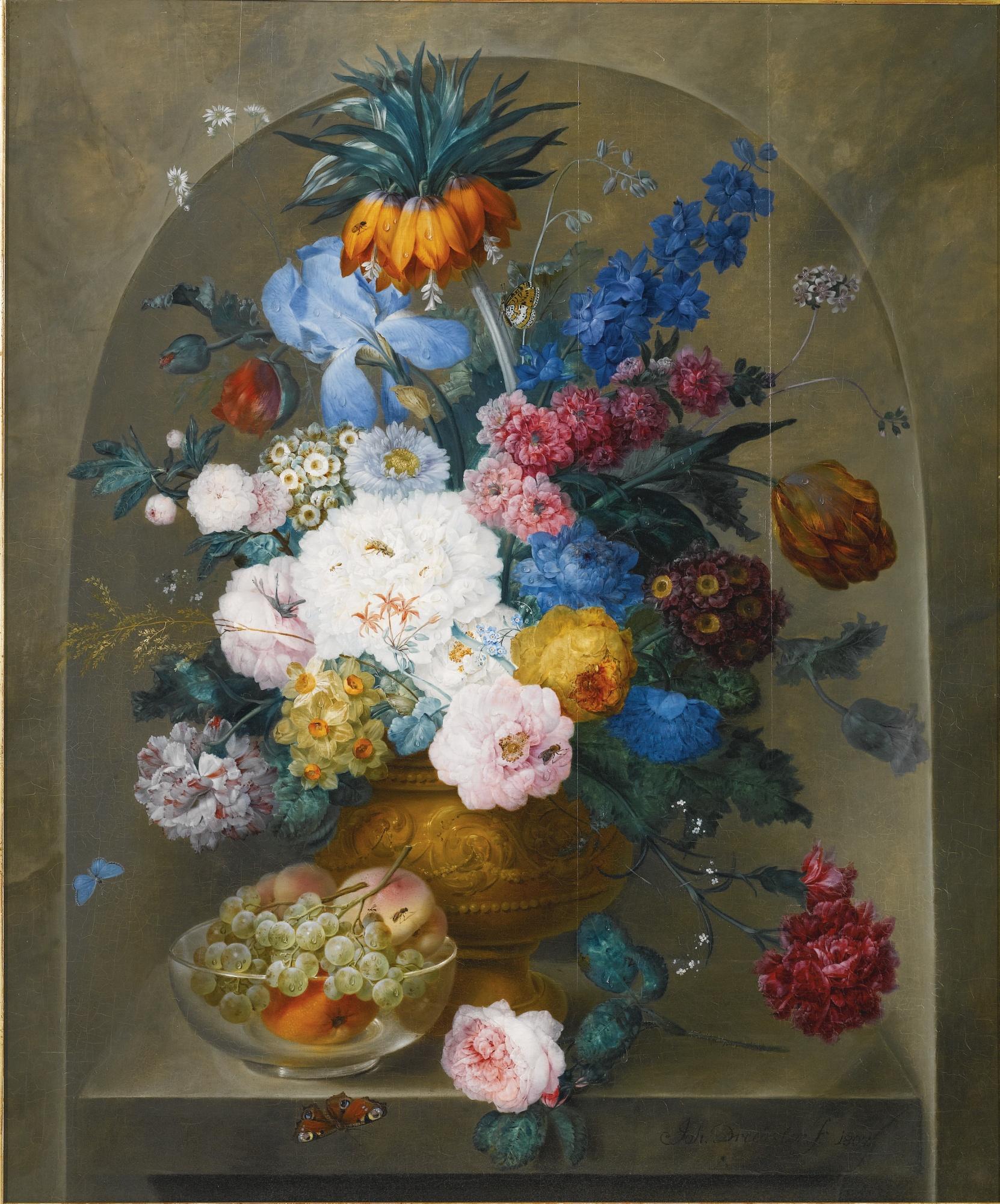 Johann Baptist Drechsler - Still Life Of Flowers In A Vase With A Bowl Of Fruit