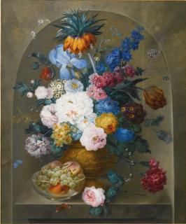 Johann Baptist Drechsler - Still Life Of Flowers In A Vase With A Bowl Of Fruit