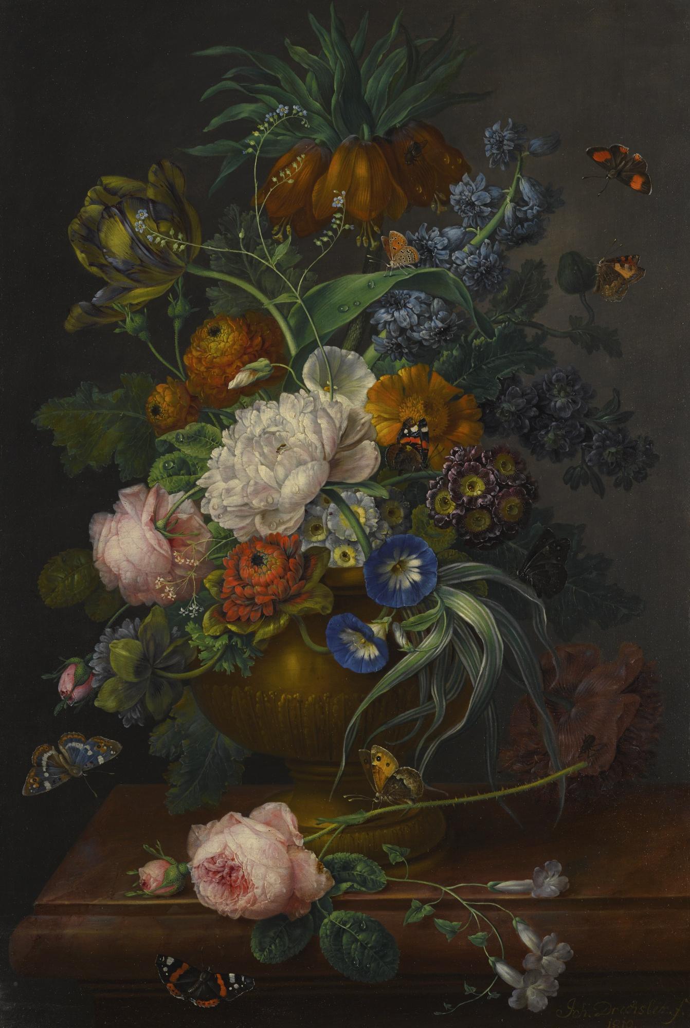 Johann Baptist Drechsler - Still Life Of Flowers In An Urn On A Marble Ledge