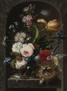 Johann Baptist Drechsler - Still Life Of Roses, Morning Glories, Primroses, A Tulip And Other Flowers In A Glass Vase, With A Bird And Bird\'S Nest, All On A Stone Ledge Within A Niche