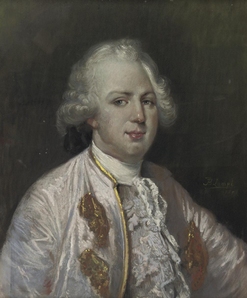 Johann Baptist Lampi I - A portrait of a gentleman, half-length, possibly King Louis XVI, wearing a jacket decorated with white lace