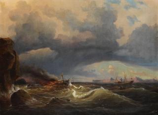 Johann Baptist Weiss - Schiffbruch an felsiger Küste, ein Raddampfer liegt in der Nähe