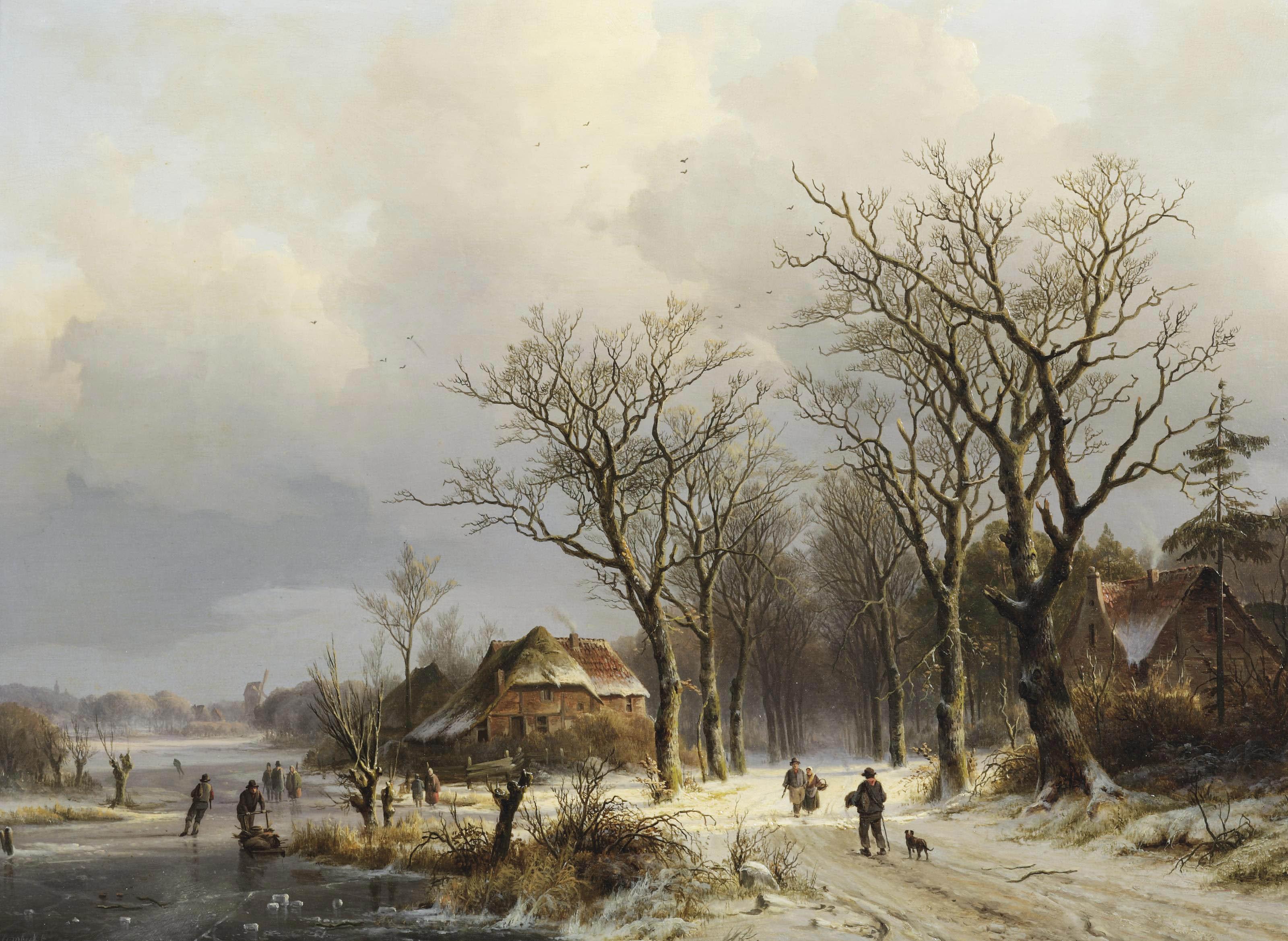 Johann Bernard Klombeck - A wooded winter landscape with travellers on a snow covered path and skaters on the ice