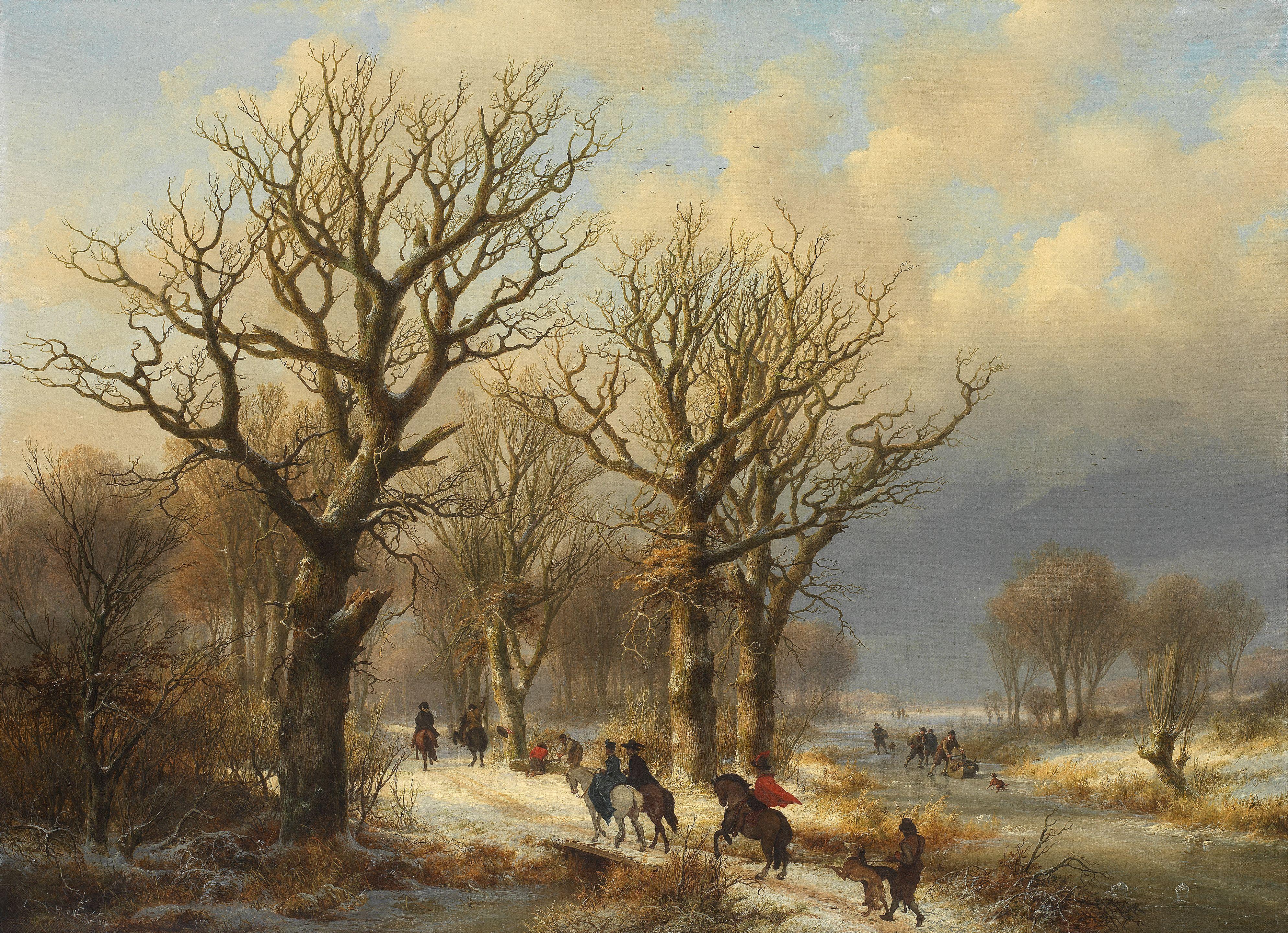 Johann Bernard Klombeck - Dutch winter scene with figures an woodland path and skaters on a frozen stream