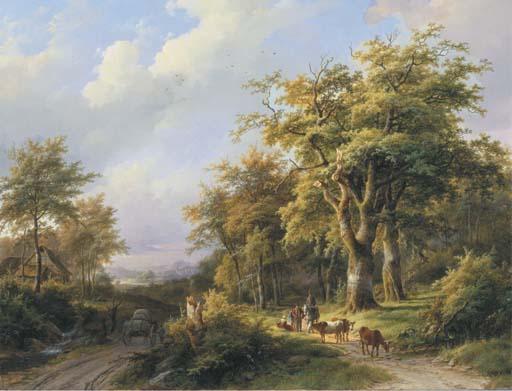 Johann Bernard Klombeck - Travellers resting on a forest path in a wooded valley