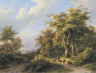 Johann Bernard Klombeck - Travellers resting on a forest path in a wooded valley