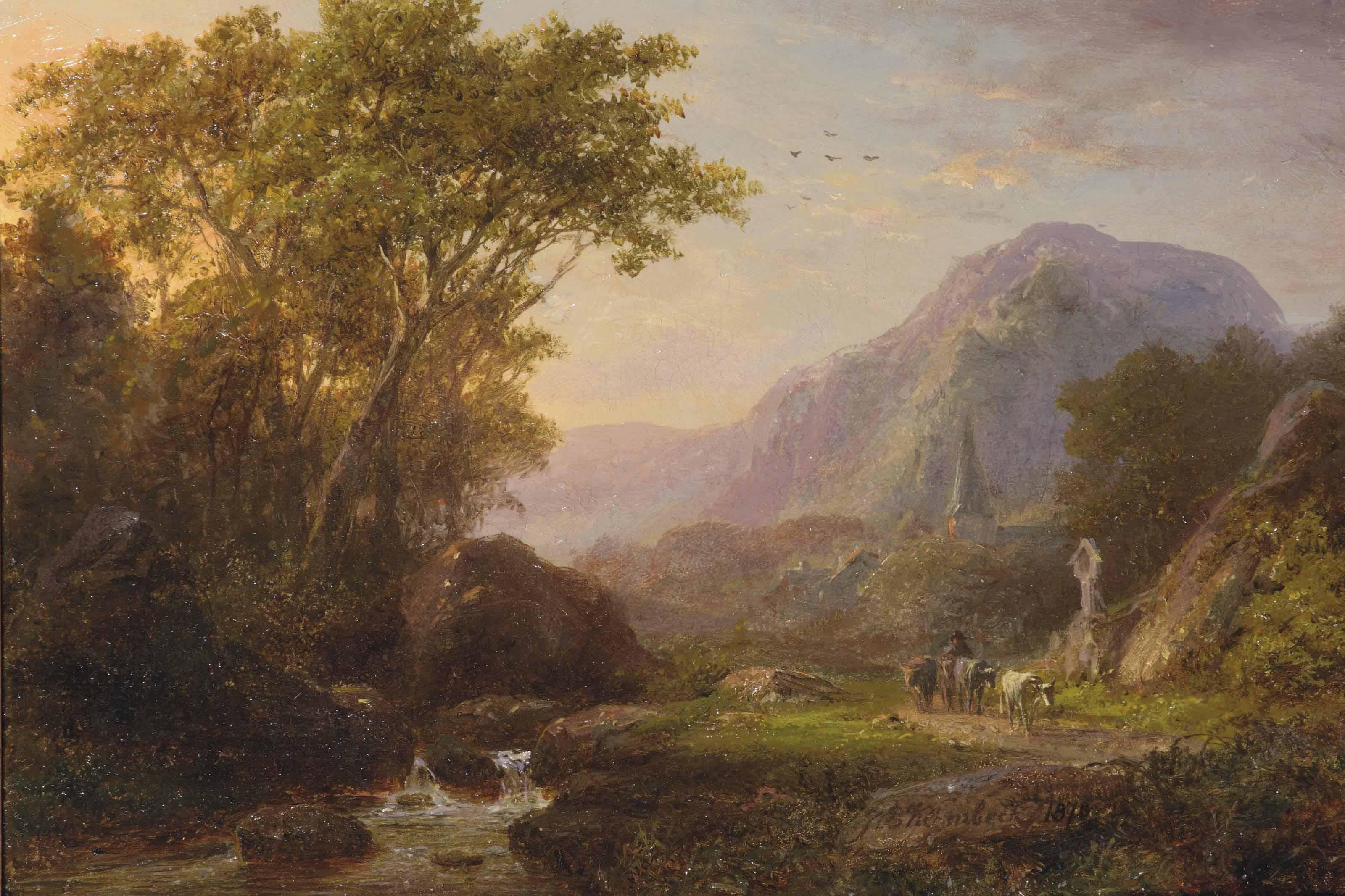 Johann Bernhard Klombeck - A mountainous summer landscape with cattle and a church beyond