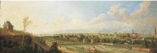 Johann Caspar Zehender - A panoramic view of Frankfurt am Main, with peasants bleaching linen