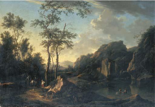 Johann Christian Brand - A wooded river landscape with travellers and peasants on a path and fishermen on the bank
