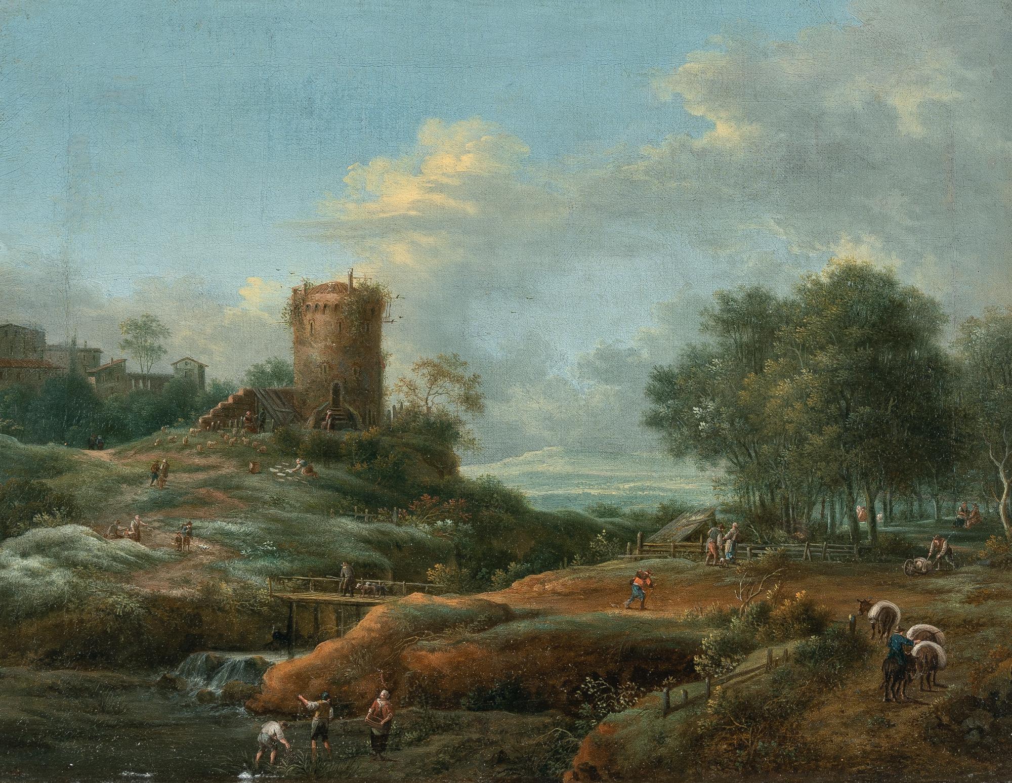 Johann Christian Brand - Baumbestandene Flusslandschaft mit Turm und bäuerlicher Staffage