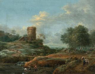 Johann Christian Brand - Baumbestandene Flusslandschaft mit Turm und bäuerlicher Staffage